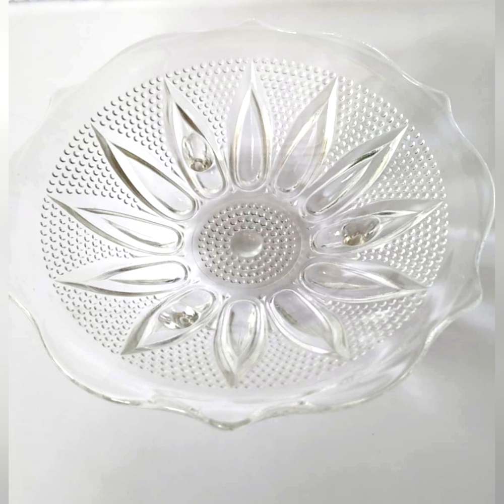 Hazel Atlas Hobnail Vintage Clear Glass 3-Footed Dish Sunflower Petals Center
